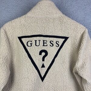 Guess Womens M Sherpa Shacket Full Zip Faux Fur Fleece Sweater Big Back Hit Logo